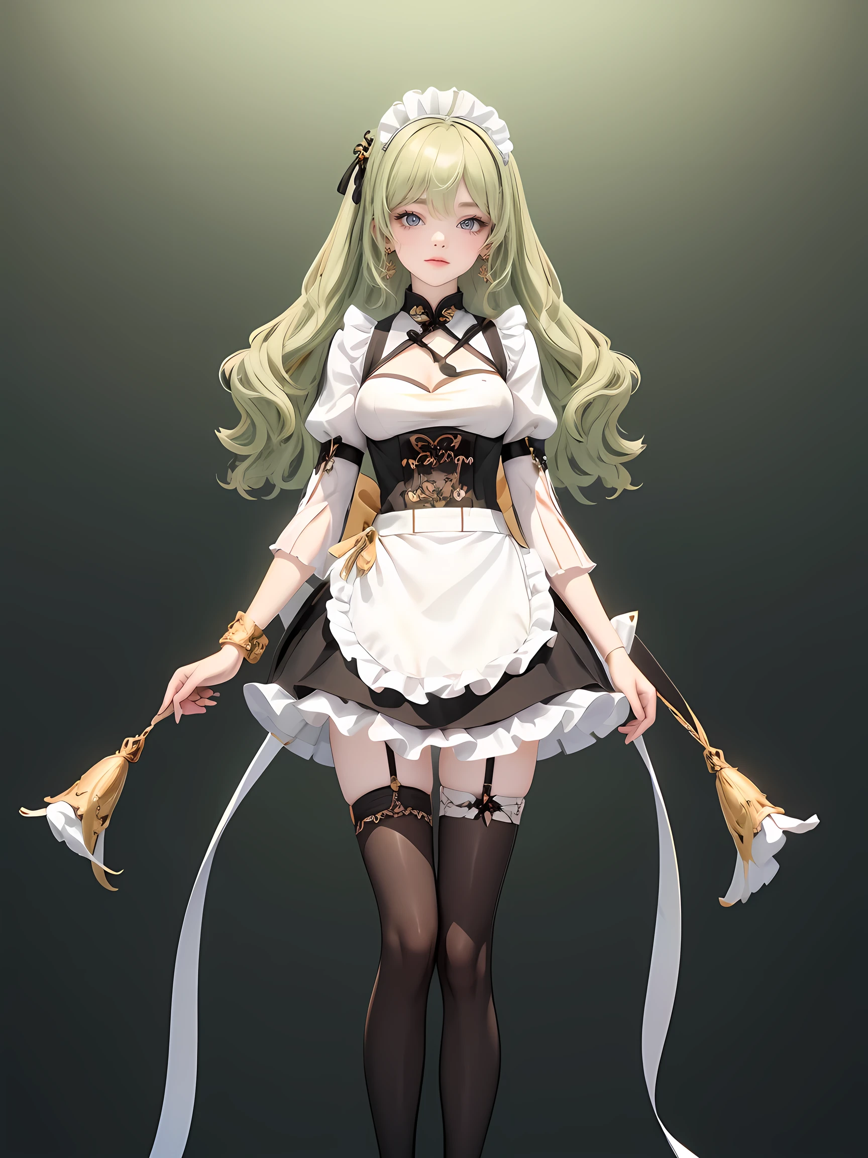 1girl, green hair, harness, black chinese cropped and skirt, chinese maid design, solo, buns hairstyle, symmetrical gloves, high socks, puffed socks, white cropped, harness, chinese maid dress, v neckline, garter on the legs, standing up, white apron, maid dress, chinese maid, chinese aesthetic, thigh gap, tassel, harness, very long hair, transparency, solid background, chinese maid uniform, puffed sleeves, too many frills in her dress, magical girl, perfect anatomy, gold jewelry, harness, jewelry, Cute pose, beautiful buns hairstyle, tassel, glow eyes, long hair with buns and bangs, high thigh, frills, harness, chinese maid uniform, chinese maid dress, white apron, garter on the legs, perfect legs, gold jewelry, solid background, standing up, blushing, maid headdress, chinese maid dress with too many frills, Chinese aesthetic, white skirt, puffed skirt, harness, centered girls, perfectly body, glowing hair, magical girl, transparency, golden details on her dress, tassel