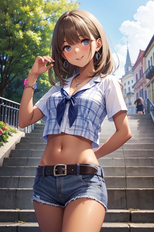 Goddess woman, cowboy shot, bokeh, close-up, seductive look, green sleeveless shirt, beige denim shorts, white belt