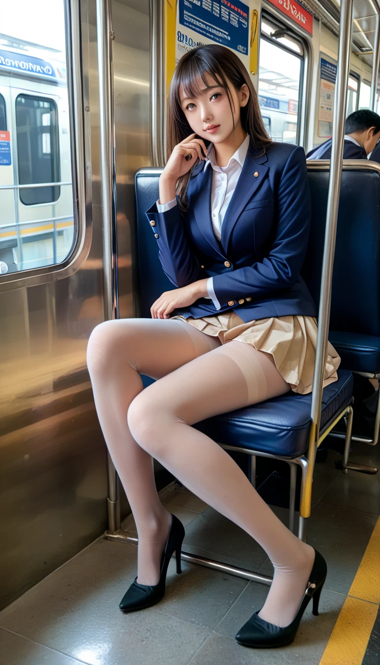 "(masterpiece, High resolution, Ultra High resolution, 4K) Black Hair, 14 year old Japanese girl, Uniform skirt, Accentuate your thighs, White thighs, Soft thighs, Glossy thighs, (Ultra-realistic pantyhose), Sitting on a train, Facing angle, (Angle from below),sitting in a train seat,Sit in front,Zoom camera on crotch,Put your feet on the train floor,whole body,Looking down and sleepy,Watch only viewers", Highest quality, 超High resolution, (Realistic:1.4),, High resolution, detailed, RAW Photos, sharp, Nikon D850 film stock photo by Lee Jefferies 4 Kodak Portra 400 camera F1.6 Lenses、Rich colors、Ultra-realistic and lifelike textures、Dramatic lighting、Unreal Engine、Art Station Trends、Cinestar 800,