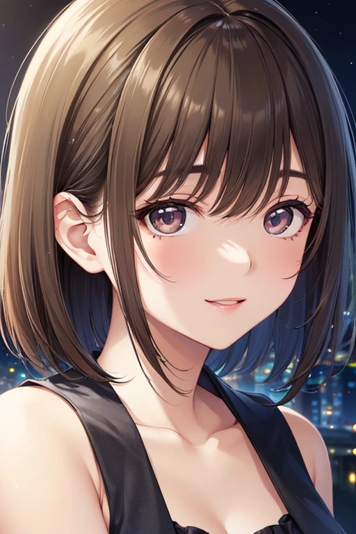 ((Browsing Caution:1.5, masterpiece, Highest quality, High resolution, 超High resolution, Pixel perfect, Depth of written boundary, 4K, RTTX 10.0, High resolution))), One girl, single, alone, Beautiful Anime Girls, Beautiful art style, Anime characters, 24-years-old, ((Long Hair, bangs, Dark brown hair, Curly Hair:1.2, hairpin)), ((Detailed face, blush:1.2)), ((Green Eyes:1.8, Glitter effect)), ((Smooth texture:0.75, Realistic texture:0.5, Anime CG style)), ((Medium chest, Cleavage)), Dynamic pose, Big Breasts, Perfect body, Show your hand, ((close, throw, cute, Sighing expression, Portraiture, photograph)), ((White sweater, skirt, Bra visible from the inside of the fabric, Silver Necklace)), night, night lamp, Bokeh:1.4, Outdoor, City Buildings, crowd
