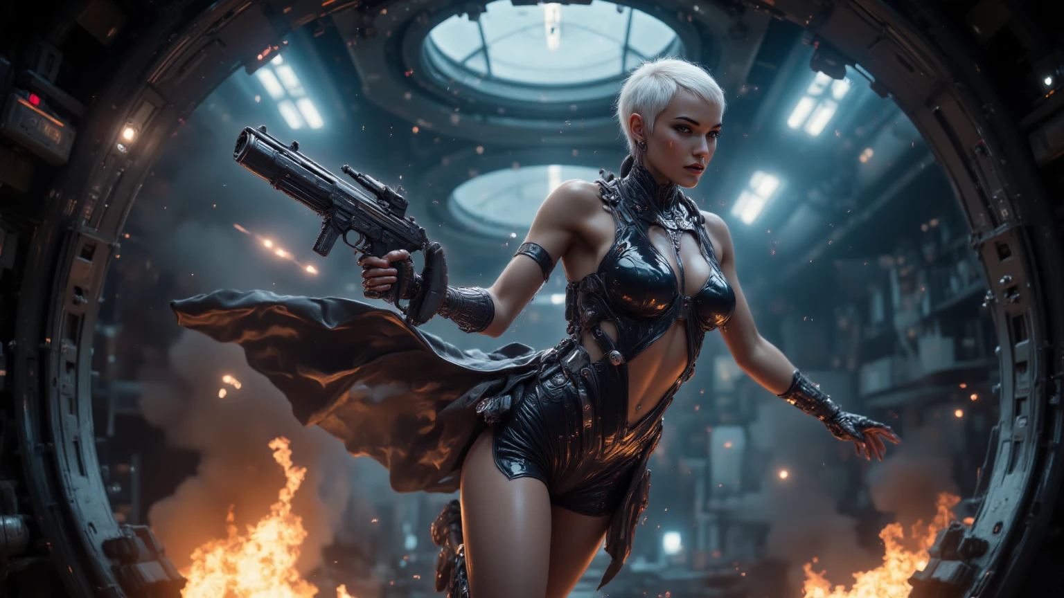 dynamic movie Poster  by  Greg Rutkowski, full body portrait,  Marilyn Monroe ,  action pose, blond hair, pale skin,  highlights in eyes ,Assassin , wearing black leather,((detailed face)), (detailed pupils:1.3), red and nblue and green, luminous effects, highest detailed, floating particles, Smooth focus,   proportions, 16k resolution, ultra realistic,(cinematic lighting:1.2), (illustration:1.5), (detailed:1.3), highres, (hyper_detailed:1.3), 8k, (realistic:1.3), (best_quality:1.5), -- 16:9 -- --auto --s2