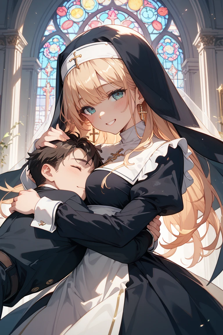 aasister, long hair, nun, habit, white capelet, neck ribbon, (black dress:1.2), long sleeves, white gloves, full-length zipper,huge breasts,,(,sex with guys:1.5),(((spoken heart))),,ass,from behind