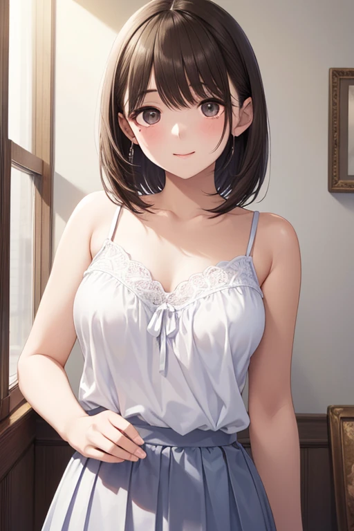 anegasaki nene、Shiny brown hair, short hair, (Beautiful brown eyes、Sparkling eyes, Fine grain)、smile、Ultra-detailed eyes、Highly detailed face, Highly detailed eyes,


masterpiece、High resolution、high quality、32K、I can see your panties、Adult female、Sexy panties、See-through camisole、The whole body is projected、I can see your face