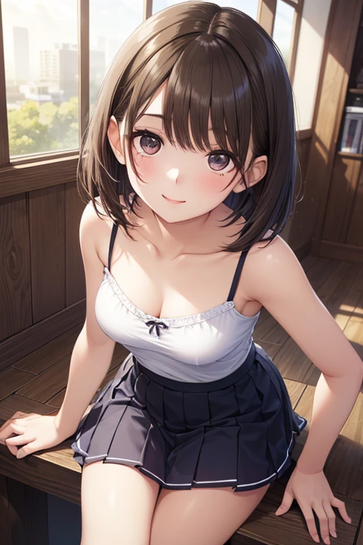 nsfw,masterpiece, extra limbs, 1girl,8years old, black straight hair, tareme brown eyes, (((delighted))), (white sundress strap slip),spread arms,squatting, playground equipment,pov
