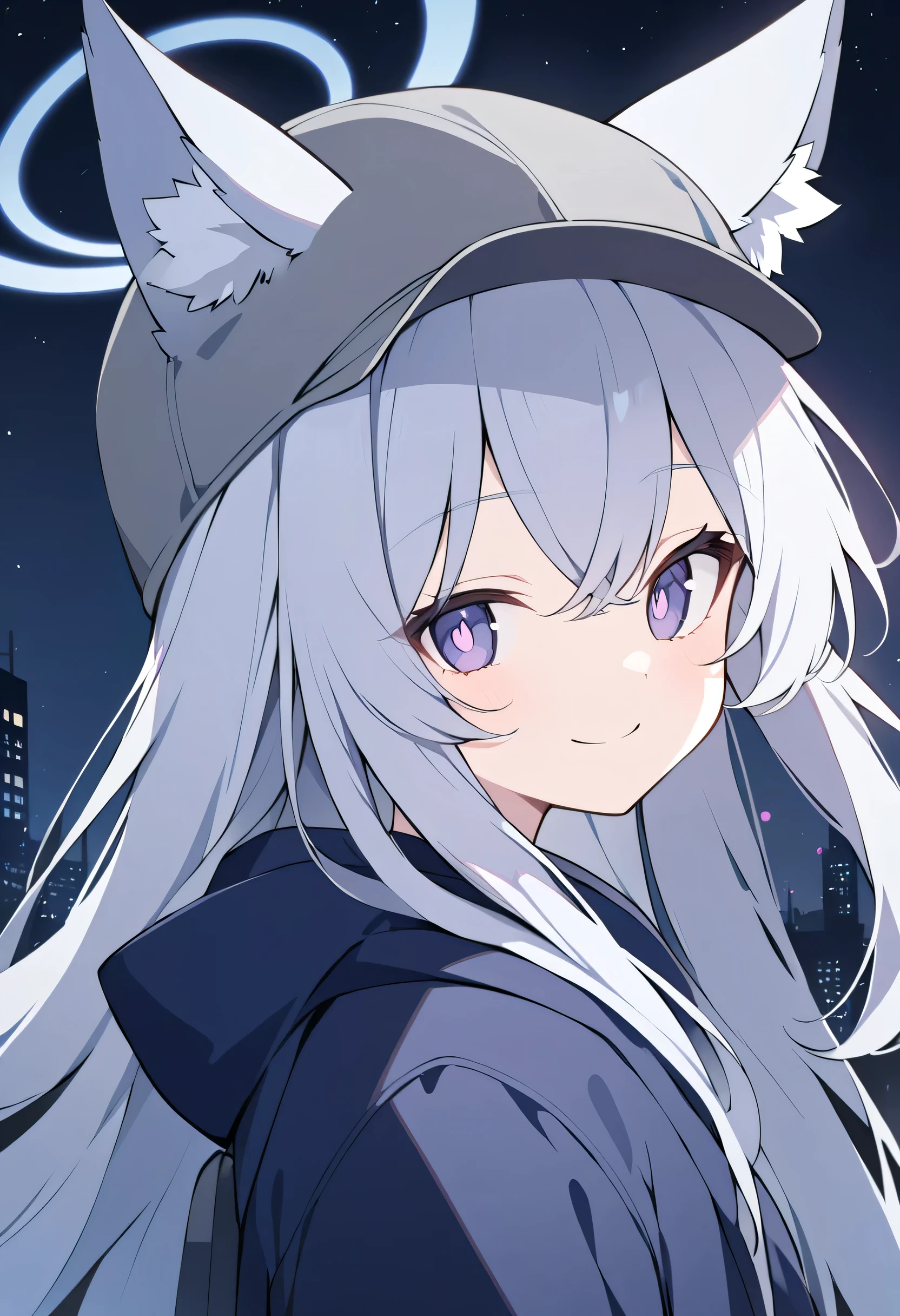 long hair,Silver Hair, girl,Light blue halo, gray wolf ears,alone,night,Purple Pupils,dark blue hoodie ,smile,Wearing a gray cap