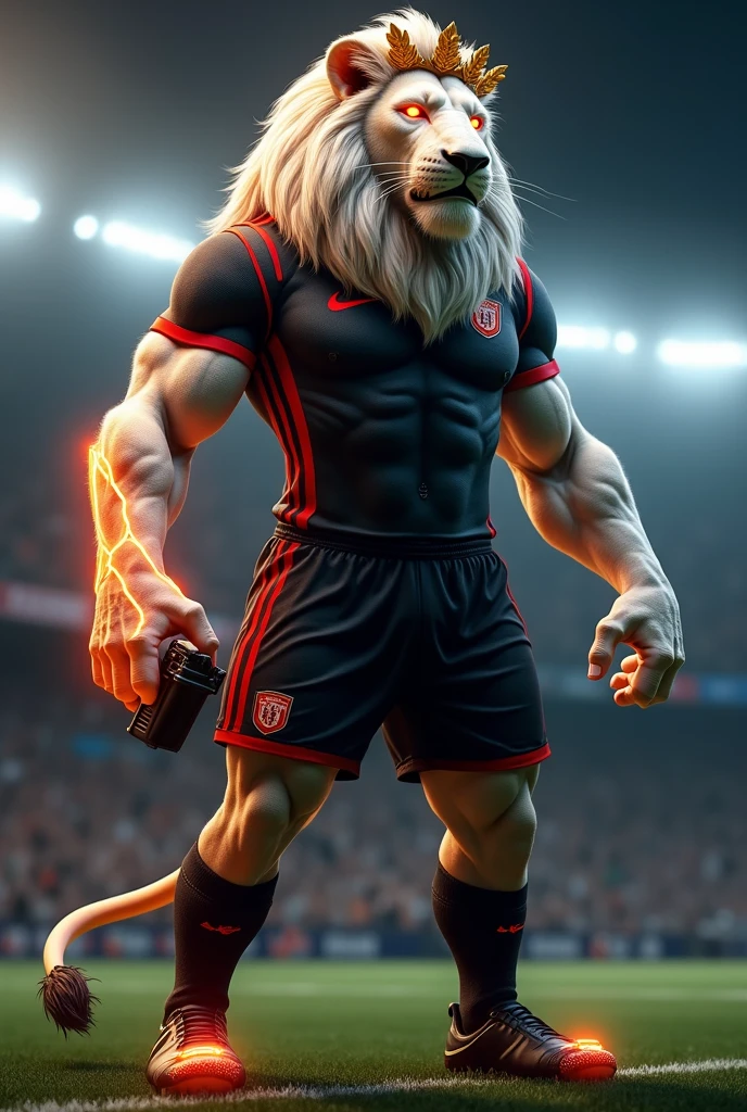 Muscular rooster dressed up in red NRL uniform standing in the rugby field with injured muscular ocean eels dead on the ground