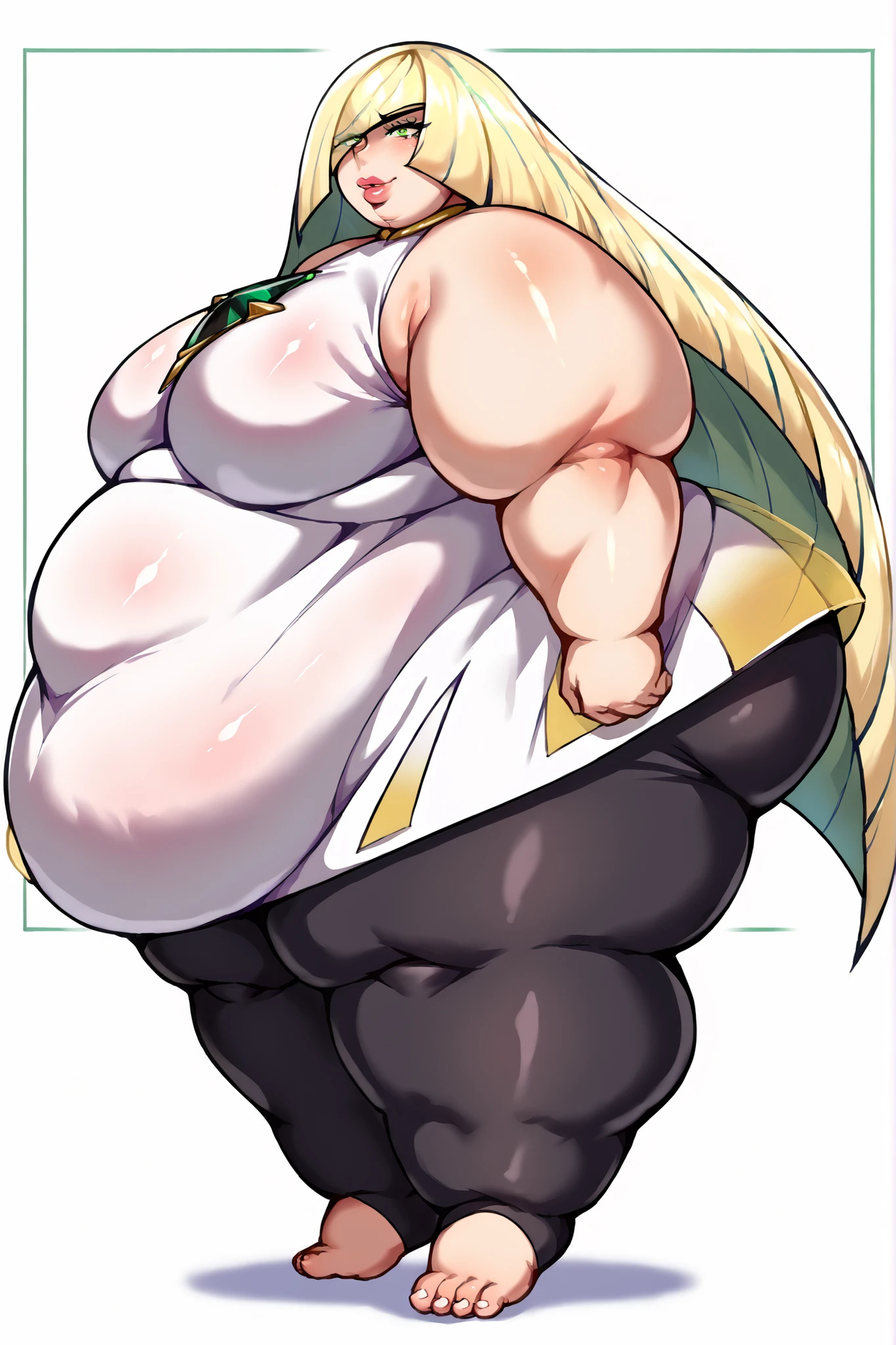 Solo, full frontal, full body, large bulge, light green jockstrap, muscular belly, expanding belly, muscular man, pleased, needy expression, expanding bulge, enlarged breasts. Man, giant, with teeth, green crocodile, long blonde hair, blue eyes, white short gloves, white trusa, cumming, sexy fighting pose, nsfw