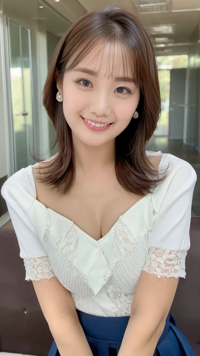 A beautiful Japanese shy girl, 18 years old, short brown hair, brown big eyes, shiny lip, shiny hair, ecstatic expression, in living room, in front of door, dining room, The background is very blurry, wearing solid white blouse, plaid skirt, wearing neckless, 