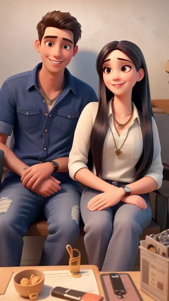 generate two couple, his hair is black and his eye is brown, her hair is black and tall and her eye is brown ,sitting with each other, she siting in his right side, she laying her head on his right shoulder, they are smiling, he wears a blue white shirt, she wears light pink dress cover her body , she had a single rose between her right ear.