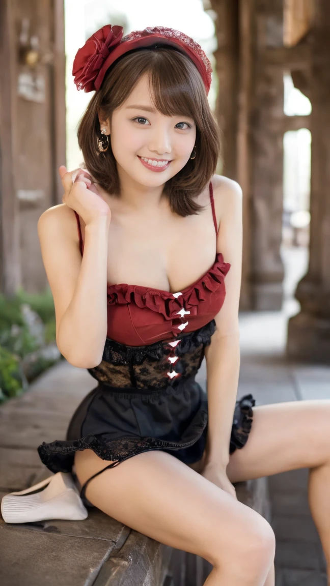 ((Photo from upper body to thigh: 1.4)), ((best soft studio lighting: 1.2)), (sexy Indonesian model: 1.3), photorealistic, ultra high resolution, closeup photo, (smiling face), long natural flowing hair, small breasts, (ultra detailed beautiful face), BREAK, clear sharp focus, perfect dark eyeshadow, vivid colors, (in the clearing of an ultra detailed ancient mystery forest: 1.3), bold lipstick, lip-gloss, wear an off-shoulder top, ultra detailed silk choker, full bodyesbian, ((Red-black pleated mini skirt)), (ultra detailed lace-up corset (lacy red or crimson) silked), ((Versace silked bustier top)), ((lace-up)), (sexy braided hold-up tights), (-pantise), blue eyeliner, (beautiful princess with long legs and good style)