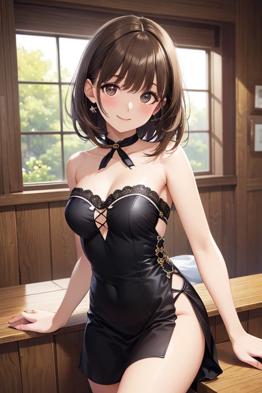 anegasaki nene、Shiny brown hair, short hair, (Beautiful brown eyes、Sparkling eyes, Fine grain)、smile、Ultra-detailed eyes、Very detailed顔, Very detailed目,
Highest quality,High resolution、One girl, alone, , Cowboy Shot, Very detailed, Highest quality, masterpiece, figure, Game CG,
Bunny ears, Detachable collar, Wrist cuff, strapless leotard, Fishnet tights