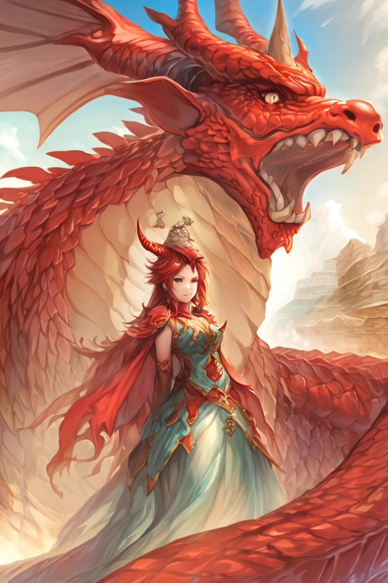 Medieval dragon with horns and red color next to an anime-style brown-haired princess