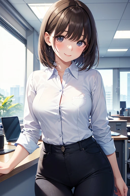 anegasaki nene、Shiny brown hair, short hair, (Beautiful brown eyes、Sparkling eyes, Fine grain)、smile、Ultra-detailed eyes、Highly detailed face, Highly detailed eyes,Cowboy Shot、
In an office environment、A young woman in a black business suit and white shirt is standing and smiling。
The employee ID card is hanging from his chest..、In the background、Desk and office window with city view。。Bright lighting and green plants in the office brighten the mood.、Be professional yet friendly。