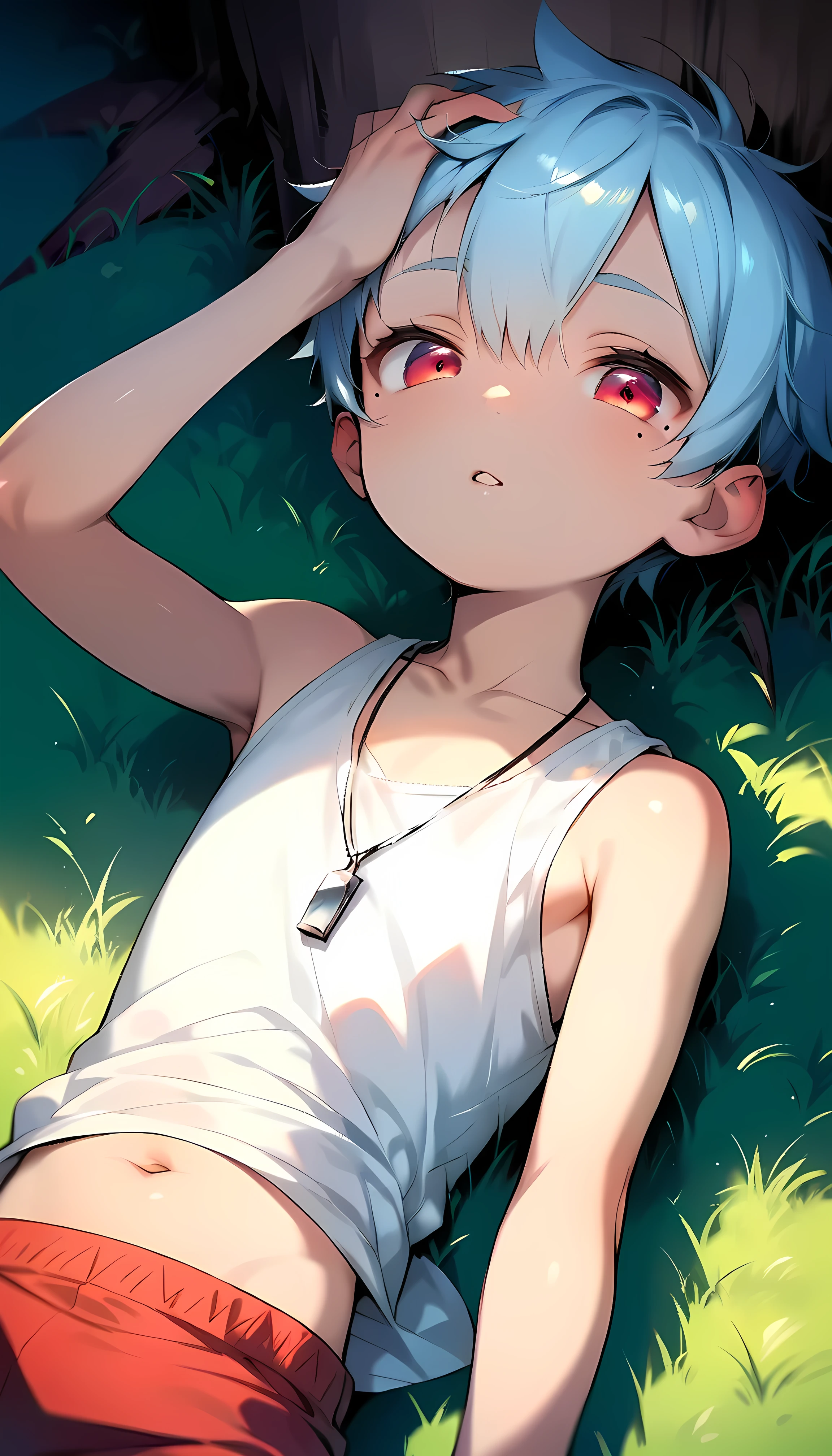 (score_9, score_8_up), realistic face, (perfect face), (detailed face:1.3), (detailed eyes:1.3), (cute eyes), (shiny eyes), (masterpiece eyes), (cute face:1.2), (solo), (shota:1.5), (sleeping on grass:1.3), (arched back), (one hand on head:1.2), BREAK (white tank top), (red short pants), BREAK (light blue hair), (wine red eyes), (black irises), (eyes with highlight:1.2), (mole under eye), (half closed eye), (another eye closed), BREAK (on grass under tree:1.2), (soft tree shadow), (soft white lighting:1.2), (silver necklace), navel, (look at viewer), (soft natural lighting), wind blowing, from above,