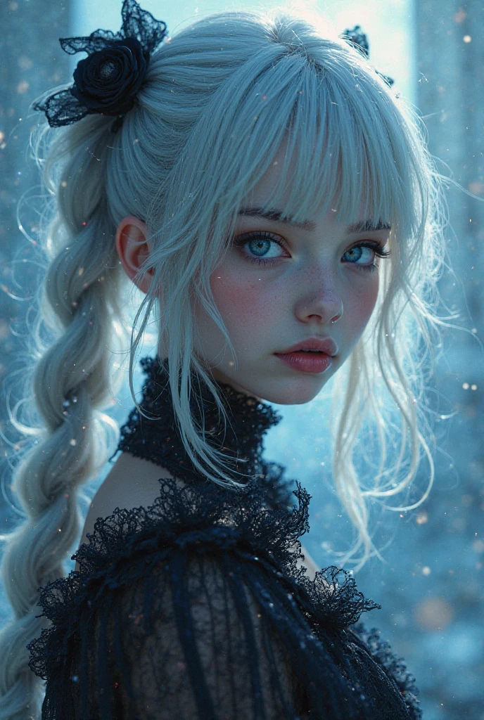 (1girl),Gothic,dual horsetail,whaite hair, Organza lace,Gorgeous and complicated clothes,Gothic, flight,  blue , (Colorful), Thick lines, Gradient blending, motionblur, Glittering texture,  dynamic compositions, atmosphric perspective, Impresionismo, , (Masterpiece ), (Best Quality), amazing, (beautiful and meticulous eyes), (fine details), Depth of field , 极其精细的CG, Original, Extremely fine wallpaper, (bright color), Movie lighting,  (Colorful), Blush,
