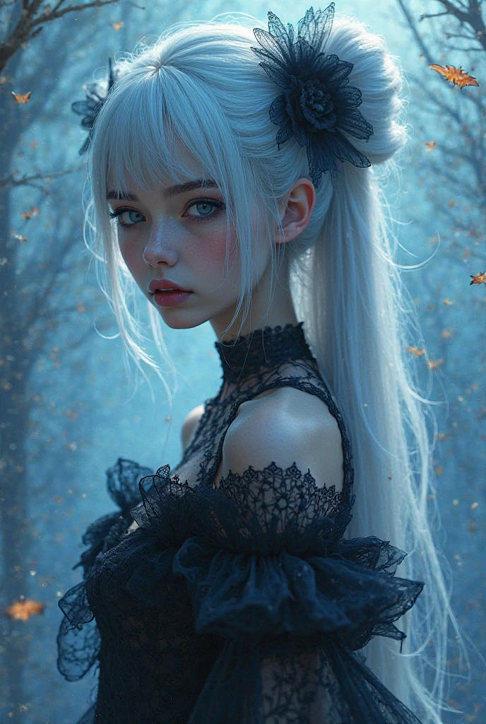 (1girl),Gothic,dual horsetail,whaite hair, Organza lace,Gorgeous and complicated clothes,Gothic, flight, blue , (Colorful), Thick lines, Gradient blending, motionblur, Glittering texture, dynamic compositions, atmosphric perspective, Impresionismo, , (Masterpiece ), (Best Quality), amazing, (beautiful and meticulous eyes), (fine details), Depth of field , 极其精细的CG, Original, Extremely fine wallpaper, (bright color), lighting, (Colorful), Blush,