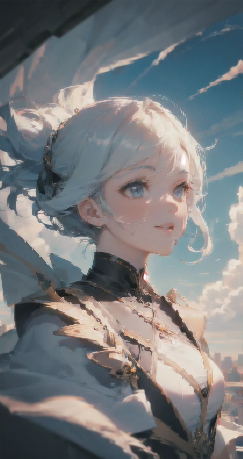 Masterpiece , Best Quality, Stills, 1girl, floats in the air, clouds girl, clouds, (close-up:1.1), bright, happy, stas, soft lighting, (bauhause, shape, ligne, Abstract:1.1)
