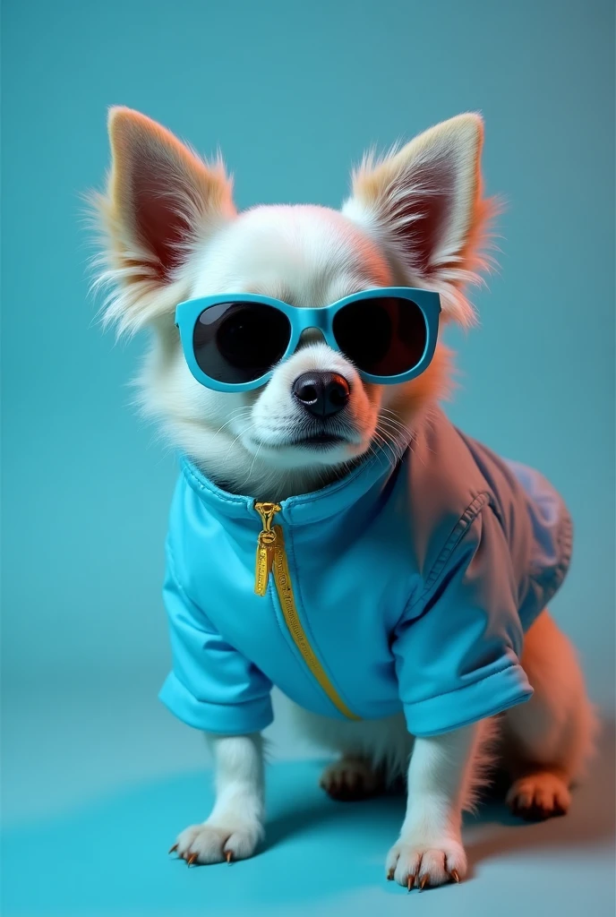 best mobile wallpaper,award - winning wallpaper,Photo photography,Front view of a cute dog,Dressed in mid-1960s space-age fashion,Side view photo,shot with Canon EOS R5,Set a strong contrast to make the subject stand out,Fluorescent blue,Wearing a very modern coat and sunglasses,It's a modern 1960s style,All clothes are one color,Beautiful background
