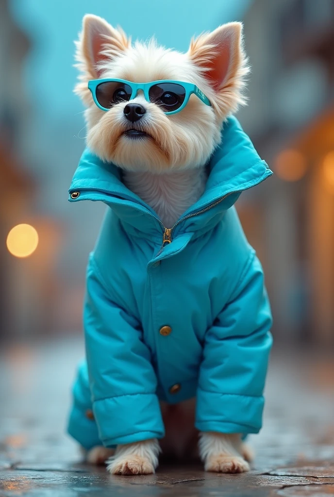 best mobile wallpaper,award - winning wallpaper,Photo photography,Front view of a cute dog,Dressed in mid-1960s space-age fashion,Side view photo,shot with Canon EOS R5,Set a strong contrast to make the subject stand out,Fluorescent blue,Wearing a very modern coat and sunglasses,It's a modern 1960s style,All clothes are one color,Beautiful background