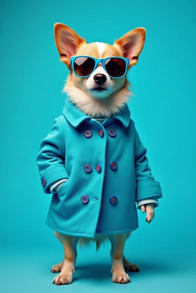 best mobile wallpaper,award - winning wallpaper,Photo photography,Front view of a cute dog,Dressed in mid-1960s space-age fashion,Side view photo,shot with Canon EOS R5,Set a strong contrast to make the subject stand out,Fluorescent blue,Wearing a very modern coat and sunglasses,It's a modern 1960s style,All clothes are one color,Beautiful background