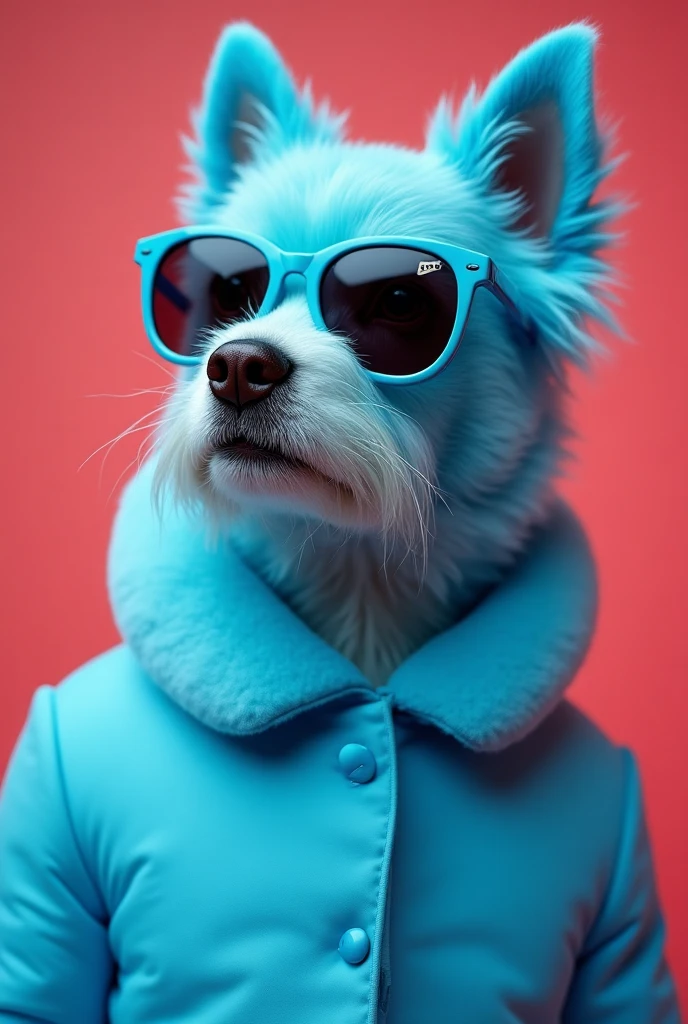 best mobile wallpaper,award - winning wallpaper,Photo photography,Front view of a cute dog,Dressed in mid-1960s space-age fashion,Side view photo,shot with Canon EOS R5,Set a strong contrast to make the subject stand out,Fluorescent blue,Wearing a very modern coat and sunglasses,It's a modern 1960s style,All clothes are one color,Beautiful background