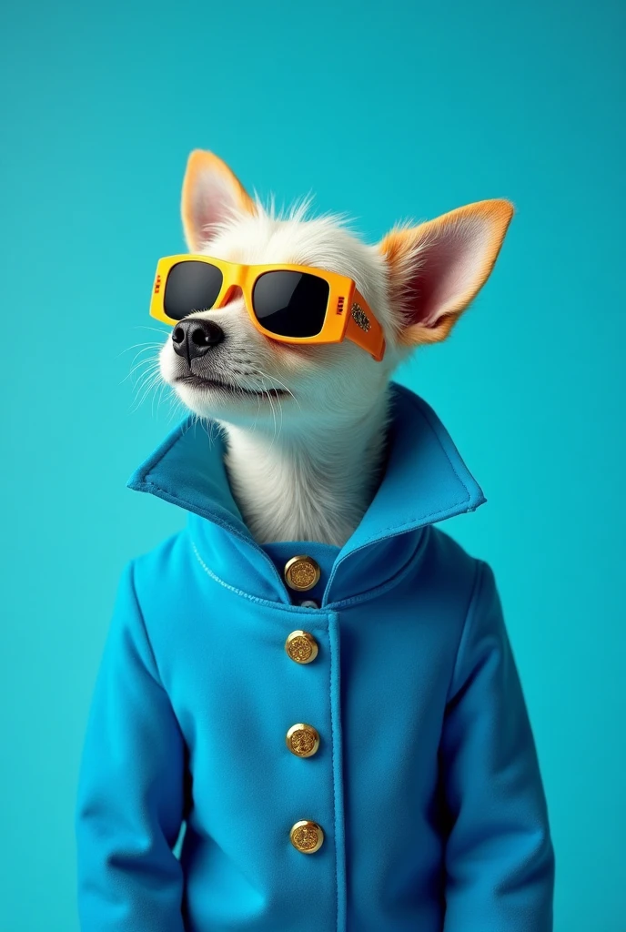 best mobile wallpaper,award - winning wallpaper,Photo photography,Front view of a cute dog,Dressed in mid-1960s space-age fashion,Side view photo,shot with Canon EOS R5,Set a strong contrast to make the subject stand out,Fluorescent blue,Wearing a very modern coat and sunglasses,It's a modern 1960s style,All clothes are one color,Beautiful background