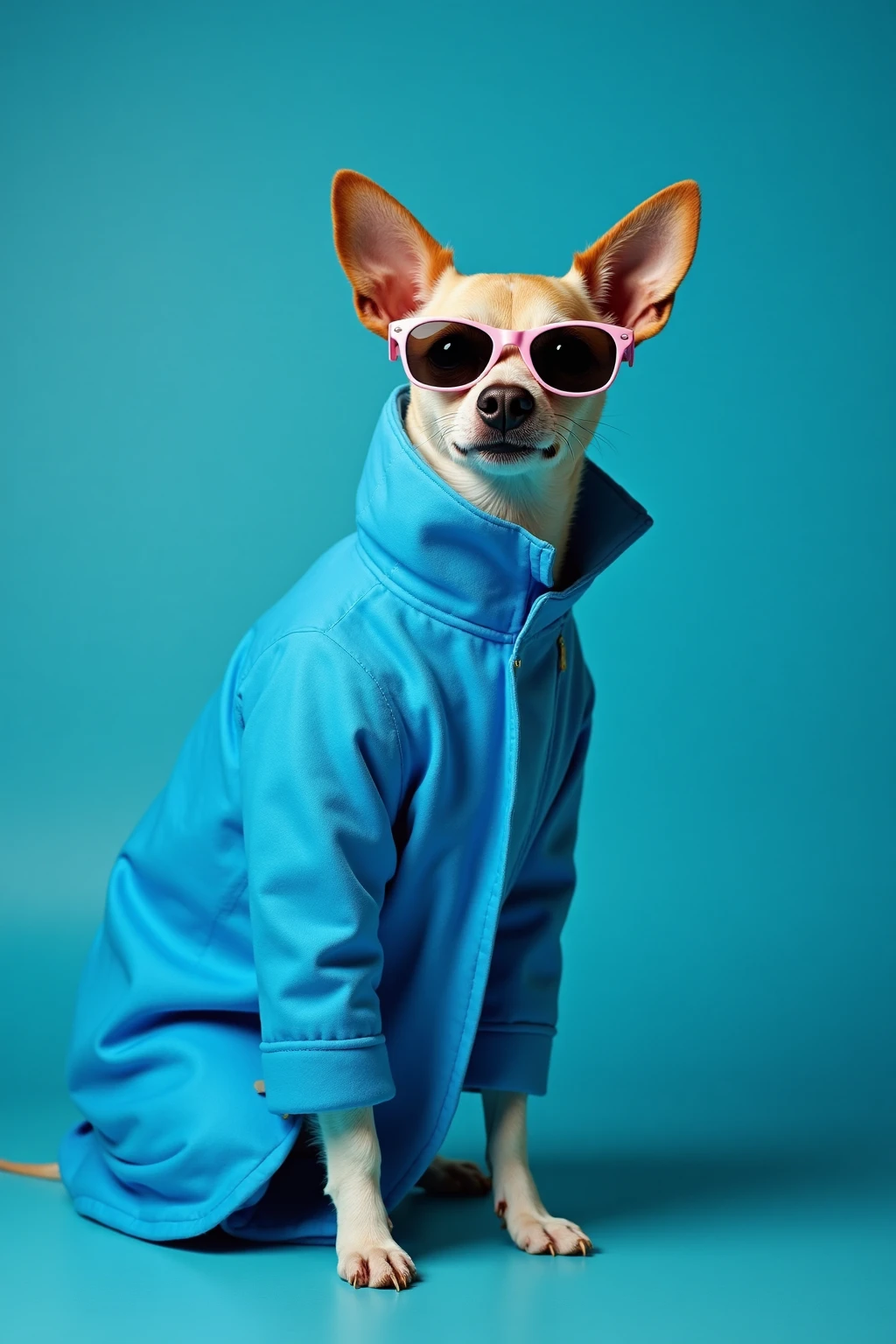 best mobile wallpaper,award - winning wallpaper,Photo photography,Front view of a cute dog,Dressed in mid-1960s space-age fashion,Side view photo,shot with Canon EOS R5,Set a strong contrast to make the subject stand out,Fluorescent blue,Wearing a very modern coat and sunglasses,It's a modern 1960s style,All clothes are one color,Beautiful background