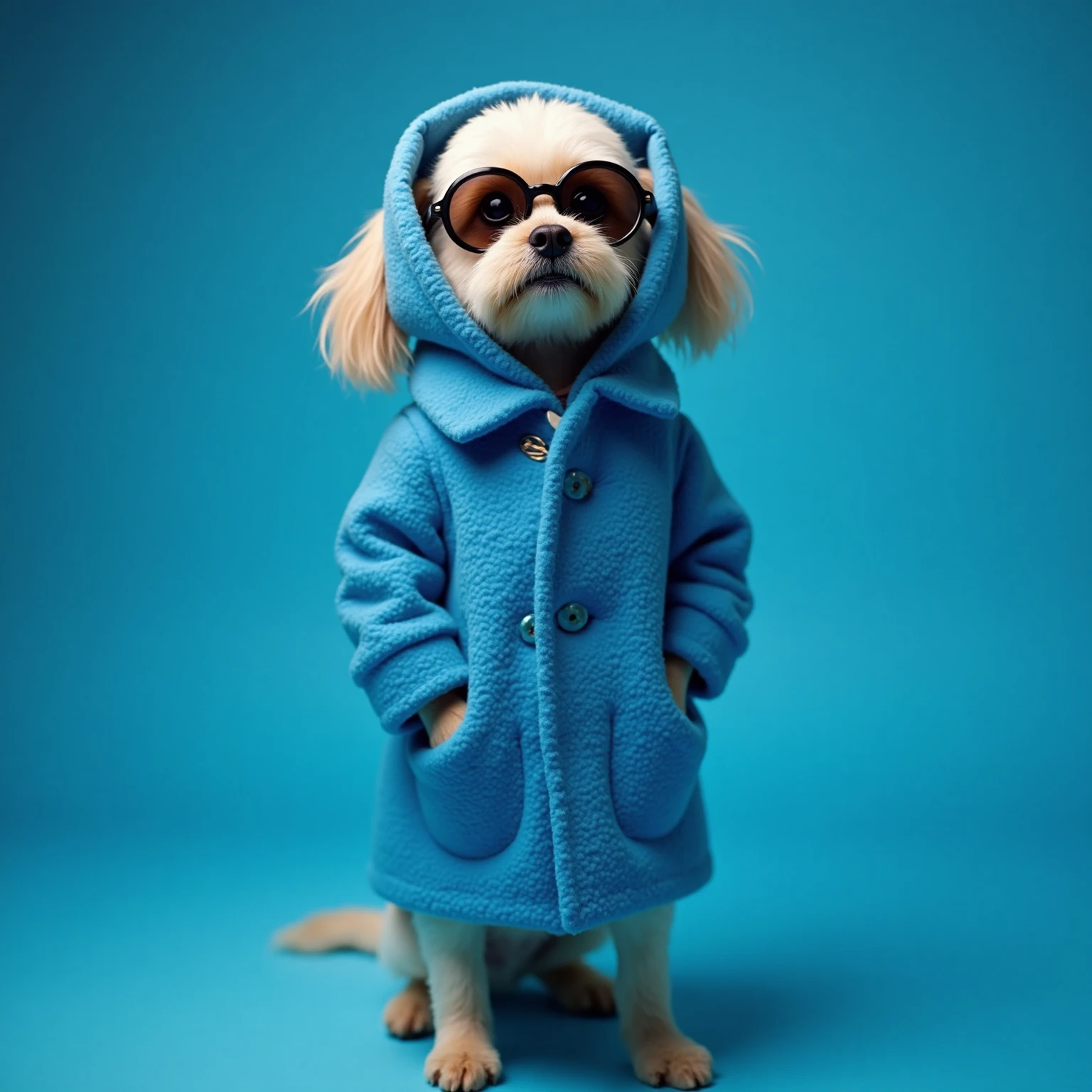 best mobile wallpaper,award - winning wallpaper,Photo photography,Front view of a cute dog,Dressed in mid-1960s space-age fashion,Side view photo,shot with Canon EOS R5,Set a strong contrast to make the subject stand out,Fluorescent blue,Wearing a very modern coat and sunglasses,It's a modern 1960s style,All clothes are one color,Beautiful background