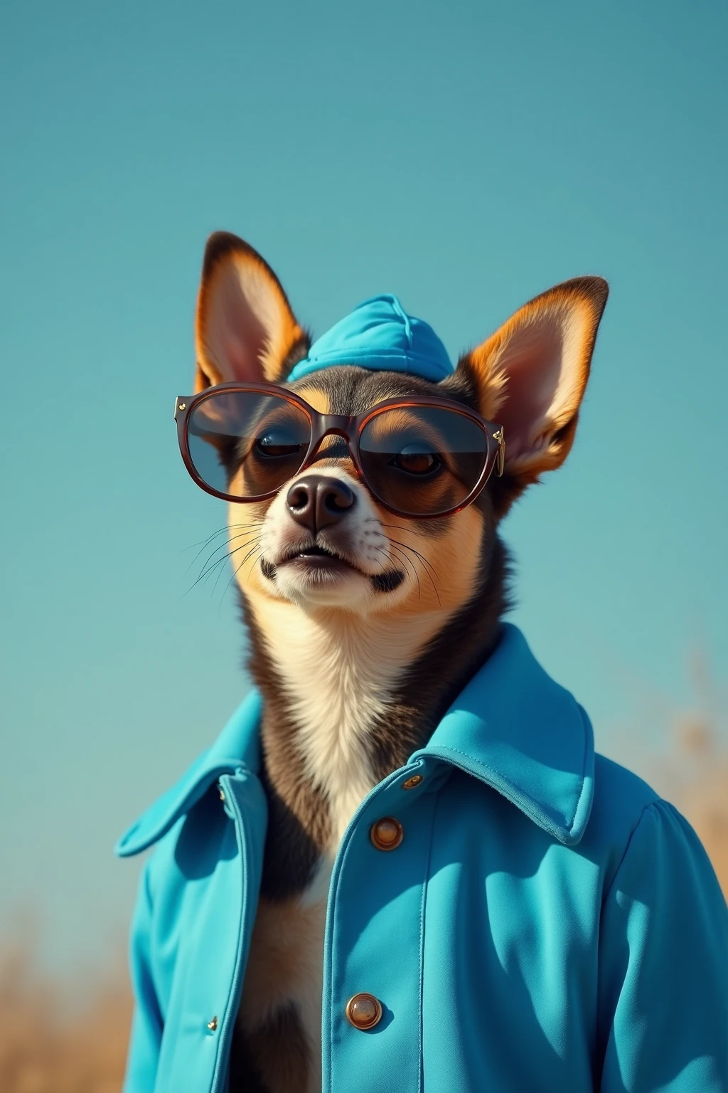 best mobile wallpaper,award - winning wallpaper,Photo photography,Front view of a cute dog,Dressed in mid-1960s space-age fashion,Side view photo,shot with Canon EOS R5,Set a strong contrast to make the subject stand out,Fluorescent blue,Wearing a very modern coat and sunglasses,It's a modern 1960s style,All clothes are one color,Beautiful background