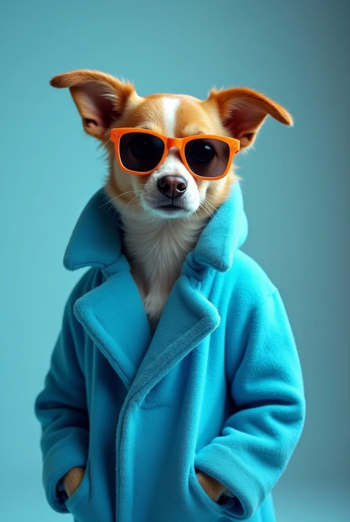 best mobile wallpaper,award - winning wallpaper,Photo photography,Front view of a cute dog,Dressed in mid-1960s space-age fashion,Side view photo,shot with Canon EOS R5,Set a strong contrast to make the subject stand out,Fluorescent blue,Wearing a very modern coat and sunglasses,It's a modern 1960s style,All clothes are one color,Beautiful background