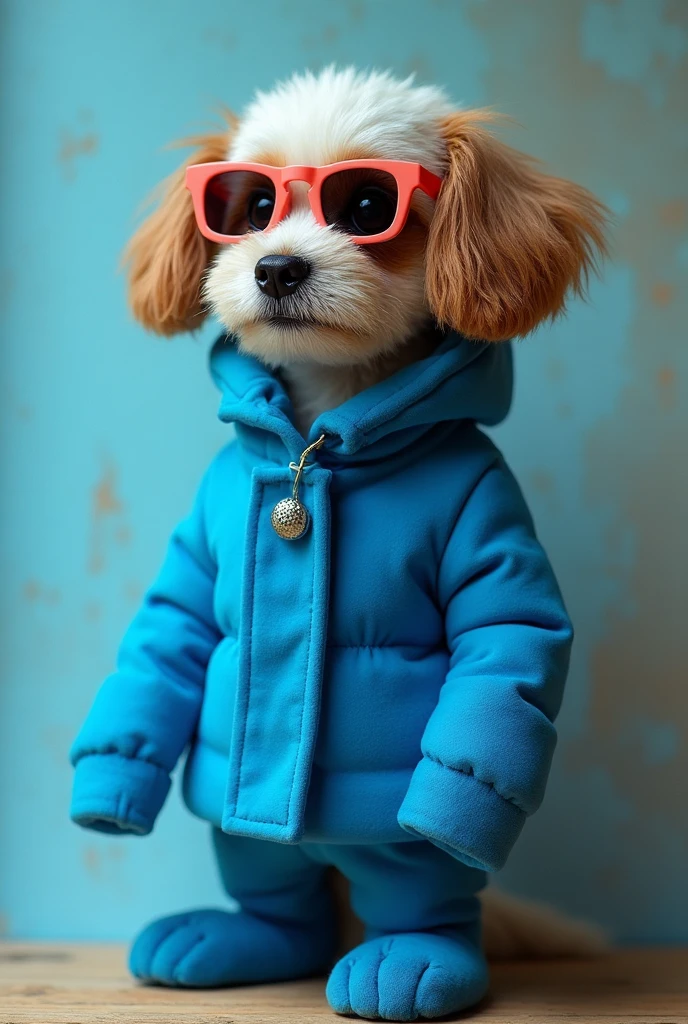 best mobile wallpaper,award - winning wallpaper,Photo photography,Front view of a cute dog,Dressed in mid-1960s space-age fashion,Side view photo,shot with Canon EOS R5,Set a strong contrast to make the subject stand out,Fluorescent blue,Wearing a very modern coat and sunglasses,It's a modern 1960s style,All clothes are one color,Beautiful background