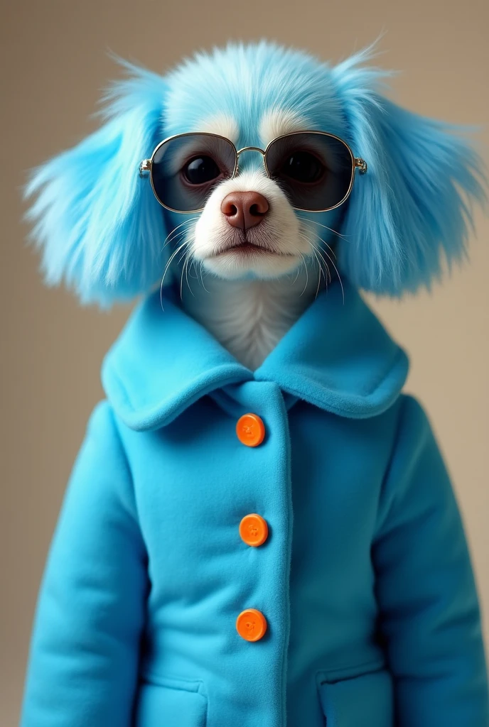 best mobile wallpaper,award - winning wallpaper,Photo photography,Front view of a cute dog,Dressed in mid-1960s space-age fashion,Side view photo,shot with Canon EOS R5,Set a strong contrast to make the subject stand out,Fluorescent blue,Wearing a very modern coat and sunglasses,It's a modern 1960s style,All clothes are one color,Beautiful background