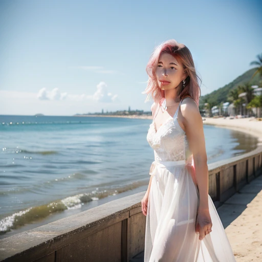 1girl,pink hair,white dress,Beach background