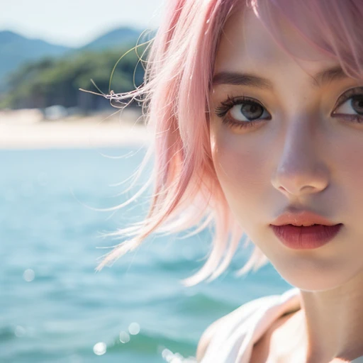 close-up,1girl,pink hair,white dress,Beach background