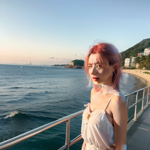 1girl,pink hair, white ,sea beach background