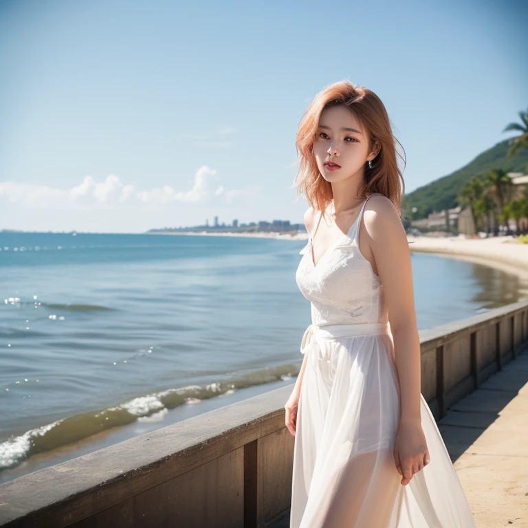 1girl,pink hair,white dress,Beach background