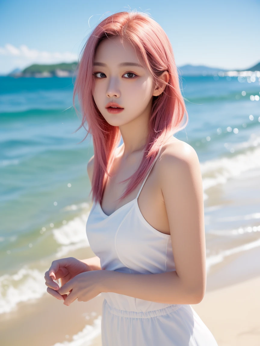 1girl,pink hair, white ,sea beach background