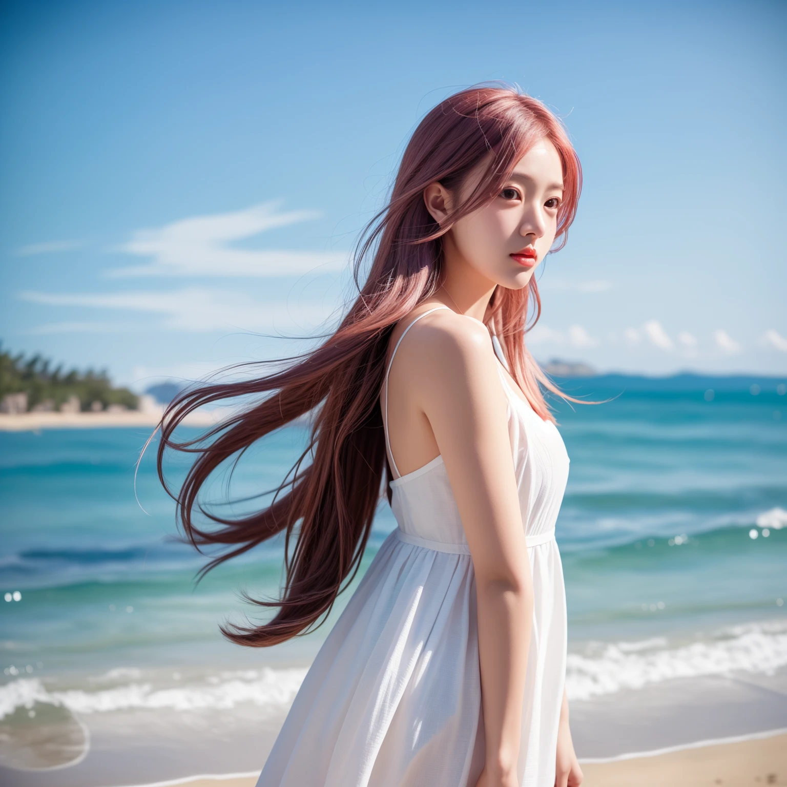 1girl,pink hair, white ,sea beach background