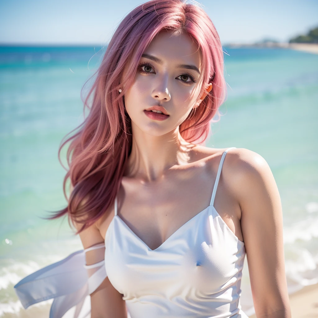 close-up,1girl,pink hair,white dress,Beach background