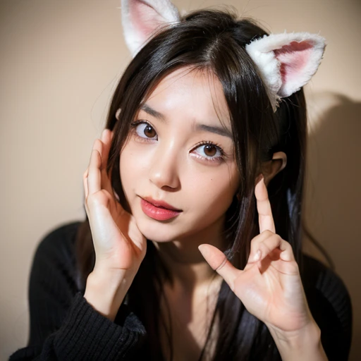 An anime girl with a pair of cat ears , The inside of her ears are soft white fluff, Her eyes are wide open and curious , See me , pretty eyes, whaite hair, Pink Eyes, good art, good drawn , anime 2-dimensional, 2-dimensional, lovely, Each hand has 5 fingers she is excited and happy , beautiful hand, Nicely drawn hands , 4K, 8 thousand,