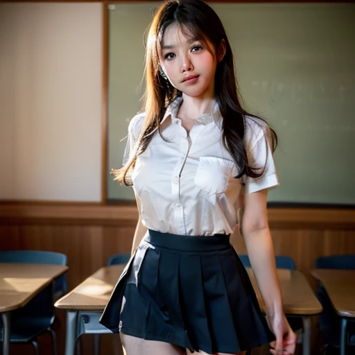 ((Japanese beautiful girl:1.3)) ((school uniform:1.4)) ((Panty shots:1.5)) ((high school)),((a dark blue skirt:1.3)) ((in class room:1.3)) ((being thin_The cloth:1.4)) ((Randomly Poses:1.3)) ((perspired:1.5))((Ruddy face:1.4)) ((:1.4)) (( close-up:1.2)) Best quality at best,Masterpiece ,Ultra High Resolution,(Realistic:1.4),RAW photogr,(Authentic texture:1.3),(cinematic grain:1.3),in a panoramic view, portrait,Very wide footage,big breasts thin waist,cow boy shot,(in the darkness nigth, dark deep shadows, low tune, cold light,) Night,(()),Tears flowed,,dust,Tyndell effect,(expression),1 Girl,Beautiful and detailed eyes and face,White collar,with brown eye,(( brown hair :1.2)) ((full bodyesbian:1.3)) (( Smile :1.3))