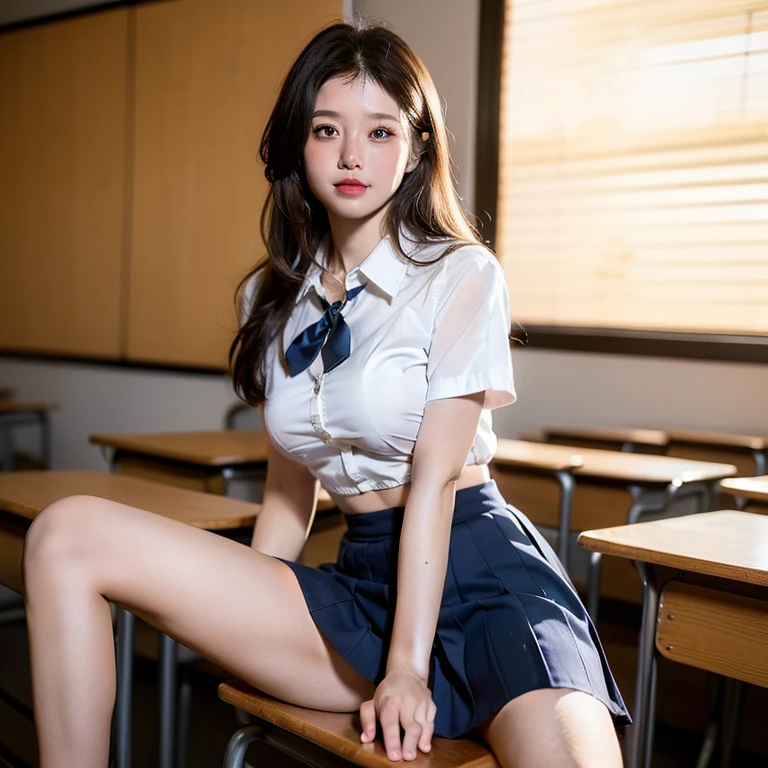 ((Japanese beautiful girl:1.3)) ((school uniform:1.4)) ((Panty shots:1.5)) ((high school)),((a dark blue skirt:1.3)) ((in class room:1.3)) ((being thin_The cloth:1.4)) ((Randomly Poses:1.3)) ((perspired:1.5))((Ruddy face:1.4)) ((:1.4)) (( close-up:1.2)) Best quality at best,Masterpiece ,Ultra High Resolution,(Realistic:1.4),RAW photogr,(Authentic texture:1.3),(cinematic grain:1.3),in a panoramic view, portrait,Very wide footage,big breasts thin waist,cow boy shot,(in the darkness nigth, dark deep shadows, low tune, cold light,) Night,(()),Tears flowed,,dust,Tyndell effect,(expression),1 Girl,Beautiful and detailed eyes and face,White collar,with brown eye,(( brown hair :1.2)) ((full bodyesbian:1.3)) (( Smile :1.3))