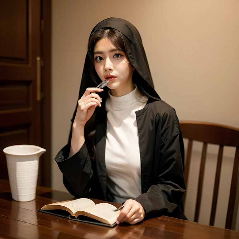 nun, fork, bible, whaite hair, chies, Realistic and meticulous eyes  