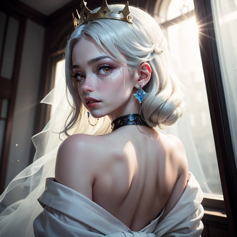 Masterpiece , Best Quality,CGI Art, Japanese cartoons,illustration,1 girl , maam, A queen, White robe,White pupils, white colored eyelashes, stained with yuki face, Cold, Frost Condensation,colours,Positive light, rays of sunshine, Illuminate the face, Tiny Stones, Sharp Crown,super detailed, Depth of field , Magical Circle , (whiteeyes:1.1), whaite hair, 真实A queen, yuki, yuki magic, White Magic, sapphires, icey crown, icey crystal fragments, icey, Light Blue Gemstone Earrings, Large area of white, Redlip, Excellent, super detailed, Very Detailed, (High contrast :1.11), ventania, amazing, Beautifully Detailed Eyes, messy hair, (best illuminate, extremely exquisite and beautiful), (( lighting)), (from back:1.3),(upper body:1.3),