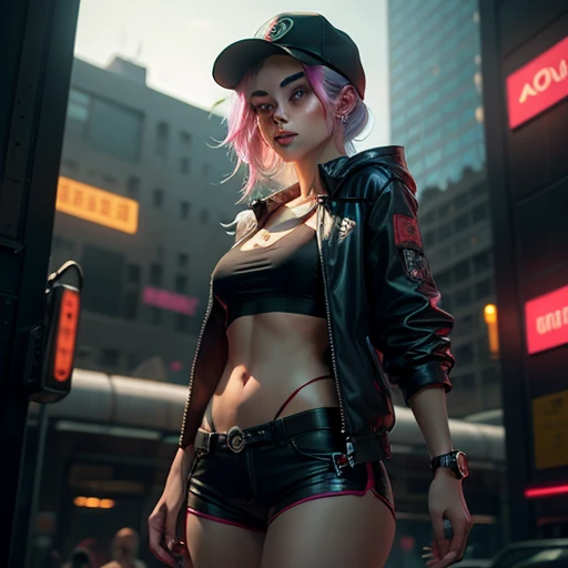 Beauty in the hair, wearing hat, Cyberpunk-style shorts