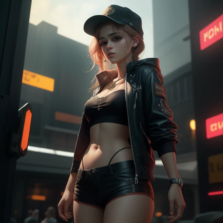 Beauty in the hair, wearing hat, Cyberpunk-style shorts
