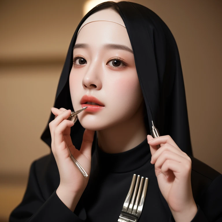 nun, fork, bible, whaite hair, chies, Realistic and meticulous eyes