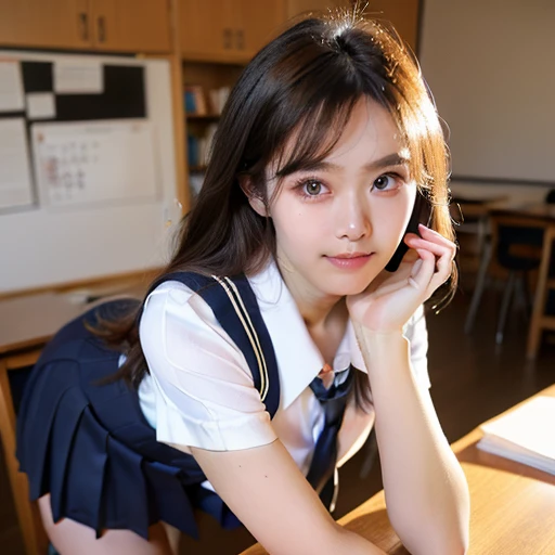 ((Japanese beautiful girl:1.3)) ((school uniform:1.4)) ((Panty shots:1.5)) ((high school)),((a dark blue skirt:1.3)) ((in class room:1.3)) ((being thin_The cloth:1.4)) ((Randomly Poses:1.3)) ((perspired:1.5))((Ruddy face:1.4)) ((:1.4)) (( close-up:1.2)) Best quality at best,Masterpiece ,Ultra High Resolution,(Realistic:1.4),RAW photogr,(Authentic texture:1.3),(cinematic grain:1.3),in a panoramic view, portrait,Very wide footage,big breasts thin waist,cow boy shot,(in the darkness nigth, dark deep shadows, low tune, cold light,) Night,(()),Tears flowed,,dust,Tyndell effect,(expression),1 Girl,Beautiful and detailed eyes and face,White collar,with brown eye,(( brown hair :1.2)) ((full bodyesbian:1.3)) (( Smile :1.3))