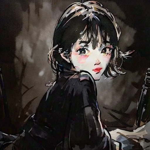 1 Girl, Off-the-shoulder, in the darkness nigth, dark deep shadows, low tune, cold light, look, 1 girl with short hair