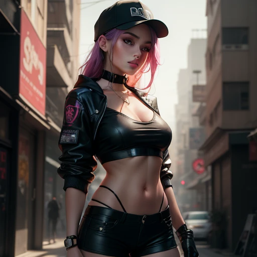 Beauty in the hair, wearing hat, Cyberpunk-style shorts